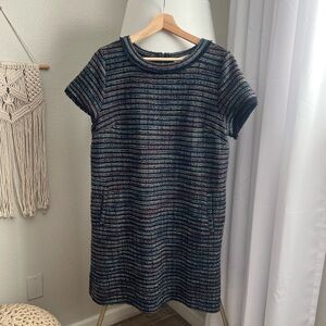 Ann Taylor Loft Navy Blue Multi Color Boucle Tweed Stripe Fringe Shift Dress